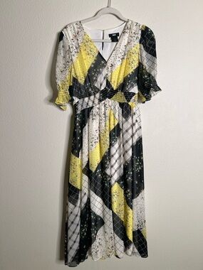 Dkny Patchwork-Print Yellow Black White Patterned Midi Dress